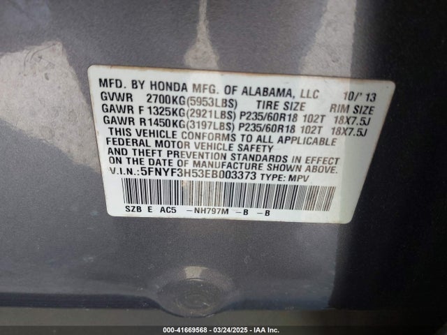 5FNYF3H53EB003373 Honda Pilot Ex-l