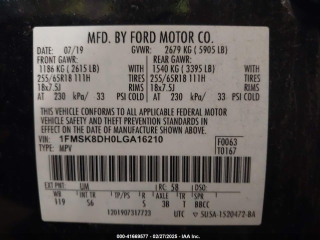 1FMSK8DH0LGA16210 Ford EXPLORER XLT