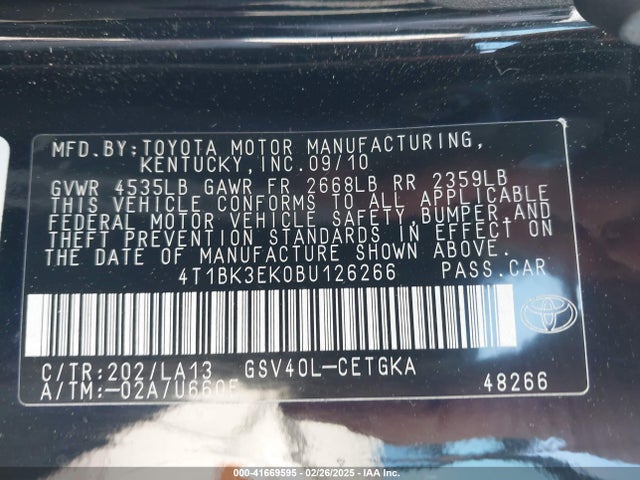 Продажа на аукционе авто 2011 Toyota Camry Xle V6, vin: 4T1BK3EK0BU126266, номер лота: 41669595