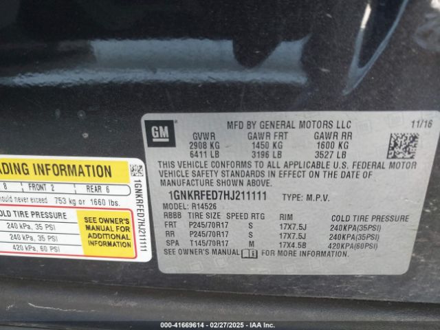 1GNKRFED7HJ211111 Chevrolet Traverse Ls