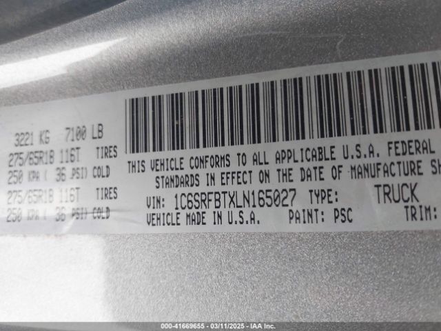 1C6SRFBTXLN165027 RAM 1500 Big Horn  4x4 6'4 Box