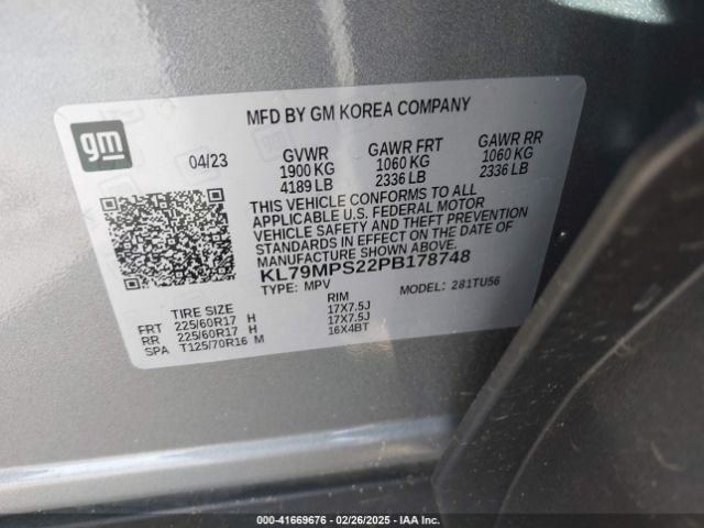 KL79MPS22PB178748 Chevrolet Trailblazer Fwd Lt