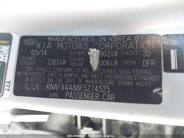 KNAFX4A88F5274525 KIA FORTE EX