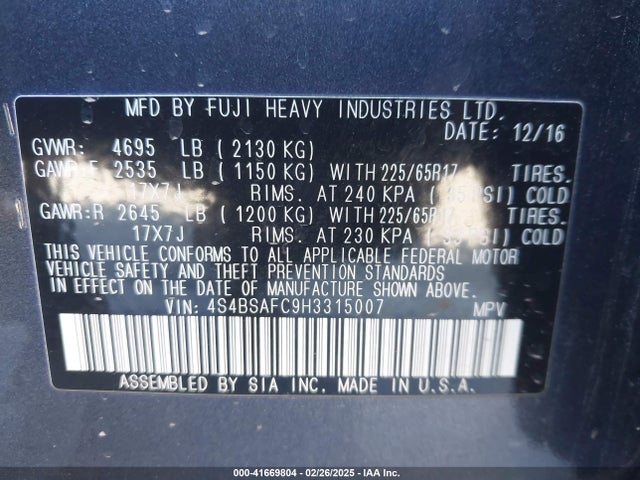 Subaru Outback 2.5i Premium 2017 4S4BSAFC9H3315007 Image 9