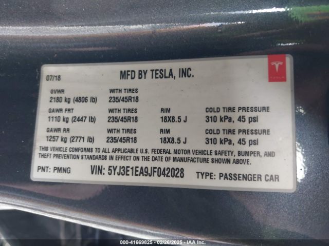 5YJ3E1EA9JF042028 Tesla Model 3 Long Range/mid Range