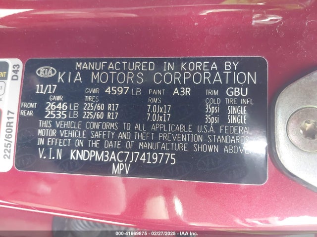 KNDPM3AC7J7419775 KIA Sportage Lx