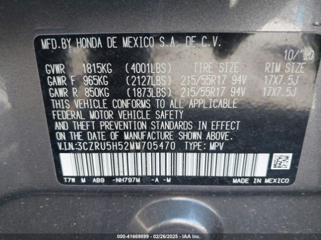 3CZRU5H52MM705470 Honda Hr-v 2wd Ex