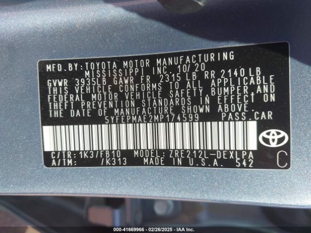 5YFEPMAE2MP174599 Toyota COROLLA LE