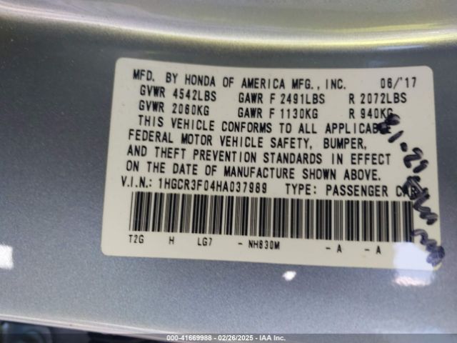 1HGCR3F04HA037989 Honda Accord Ex-l V6