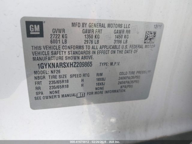 1GYKNARSXHZ209865 Cadillac Xt5 Standard