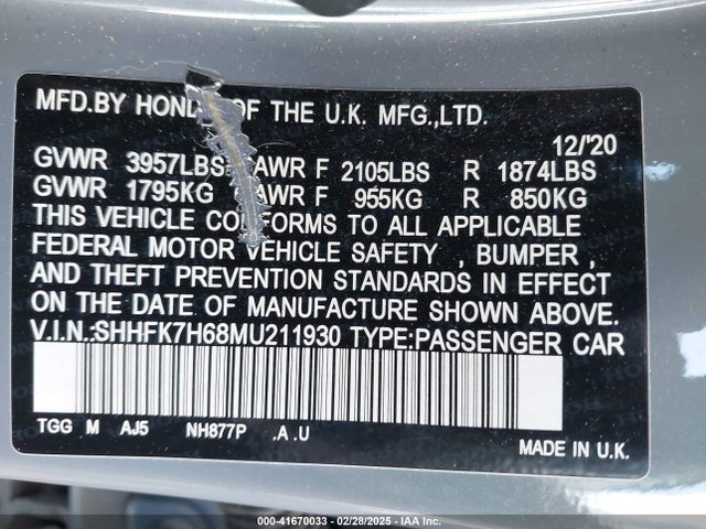 SHHFK7H68MU211930 Honda CIVIC EX