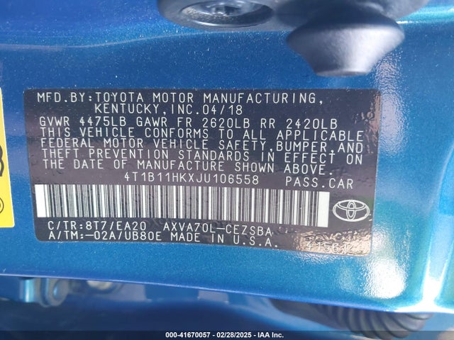 4T1B11HKXJU106558 Toyota CAMRY SE