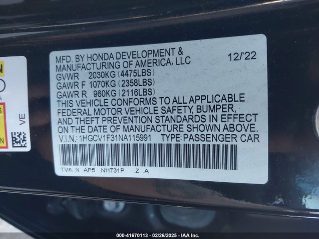 1HGCV1F31NA115991 Honda Accord Sport