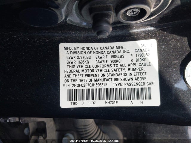 Honda CIVIC EX 2018 2HGFC2F76JH596215 Image 9