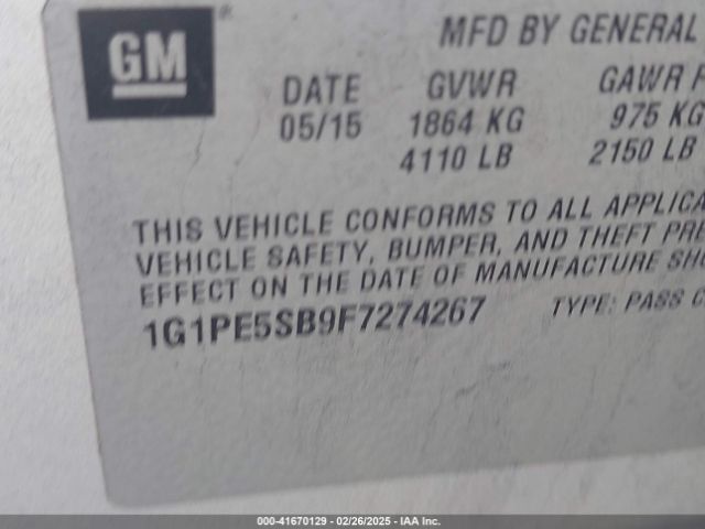 1G1PE5SB9F7274267 Chevrolet Cruze 2lt Auto