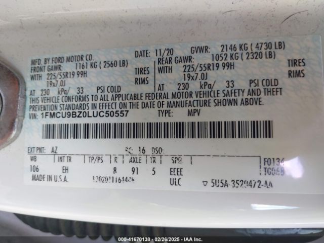 1FMCU9BZ0LUC50557 Ford Escape Se Sport Hybrid