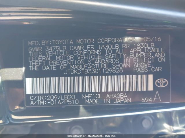 JTDKDTB33G1129828 Toyota Prius C Four