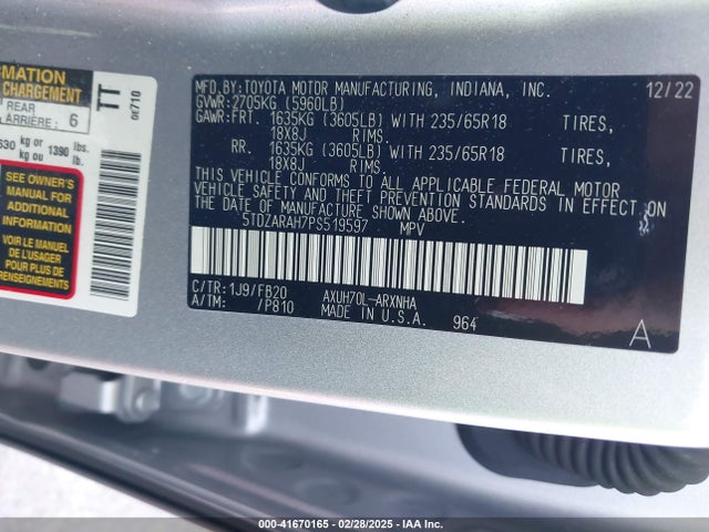 5TDZARAH7PS519597 Toyota Highlander Hybrid Le