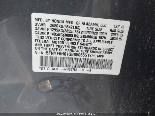 5FNYF6H01GB050555 Honda Pilot Elite