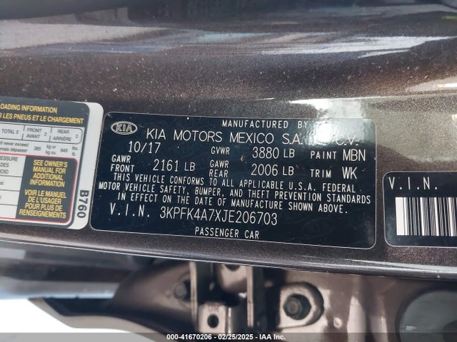 3KPFK4A7XJE206703 KIA FORTE LX