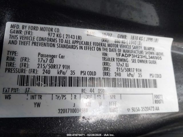 1FADP3H23HL346905 Ford FOCUS SEL