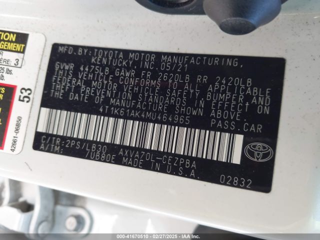 4T1K61AK4MU464965 Toyota CAMRY XSE