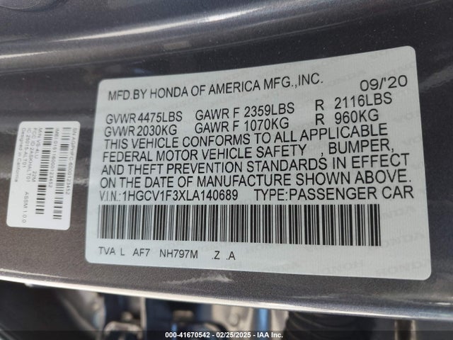 1HGCV1F3XLA140689 Honda Accord Sport