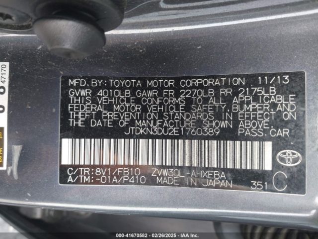 JTDKN3DU2E1760389 Toyota Prius Two
