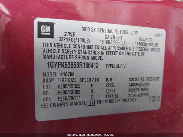 2008 CADILLAC ESCALADE 1GYFK63868R186413 Photo 8