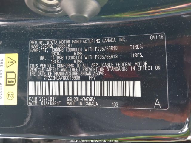 2T2ZZMCA7GC019908 Lexus RX 350