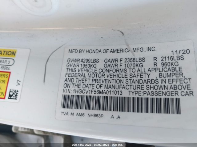 1HGCV1F56MA011013 Honda Accord Ex-l