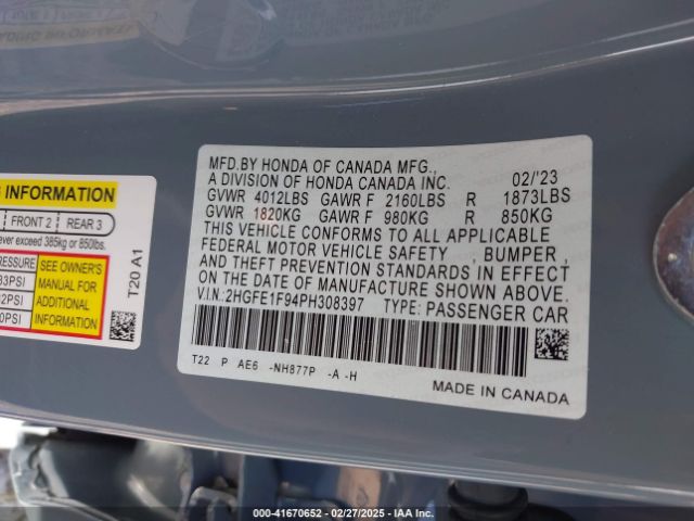 2HGFE1F94PH308397 Honda Civic Touring