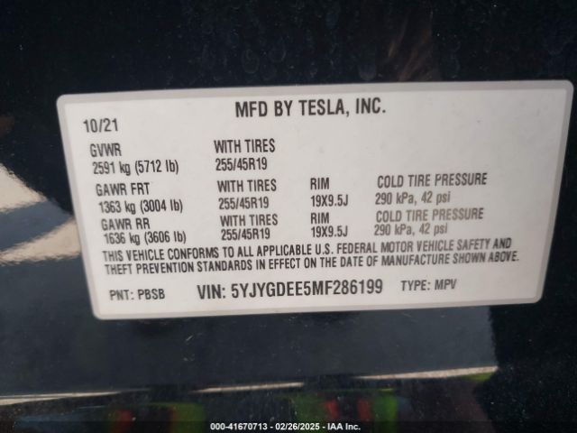 5YJYGDEE5MF286199 Tesla Model Y Long Range Dual Motor All-wheel Drive