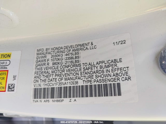 1HGCV1F35NA110938 Honda Accord Sport