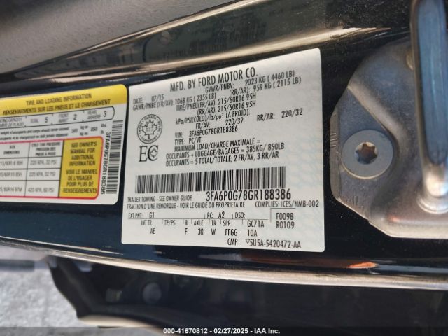 3FA6P0G78GR188386 Ford FUSION S
