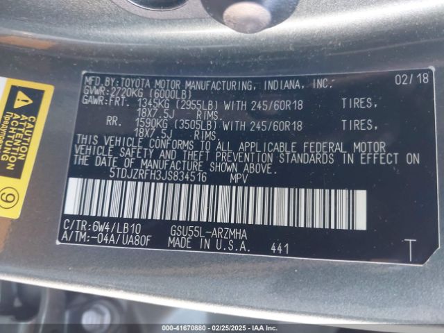 5TDJZRFH3JS834516 Toyota Highlander Xle