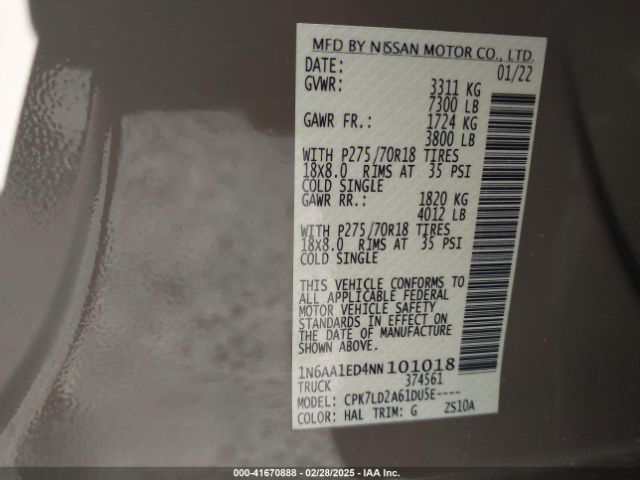 1N6AA1ED4NN101018 Nissan Titan Pro-4x 4x4