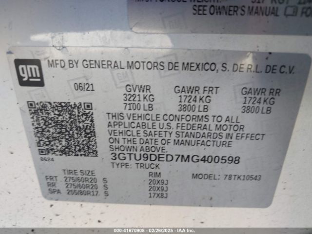 3GTU9DED7MG400598 GMC l84 - di, alum, gen 5, var 2