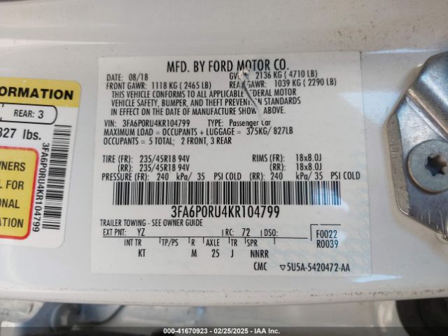3FA6P0RU4KR104799 Ford Fusion Hybrid Titanium