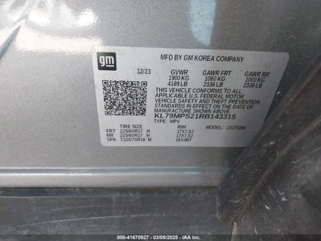 KL79MPS21RB143315 Chevrolet Trailblazer Fwd Lt