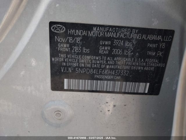 2019 HYUNDAI ELANTRA 5NPD84LF6KH437332 Photo 8