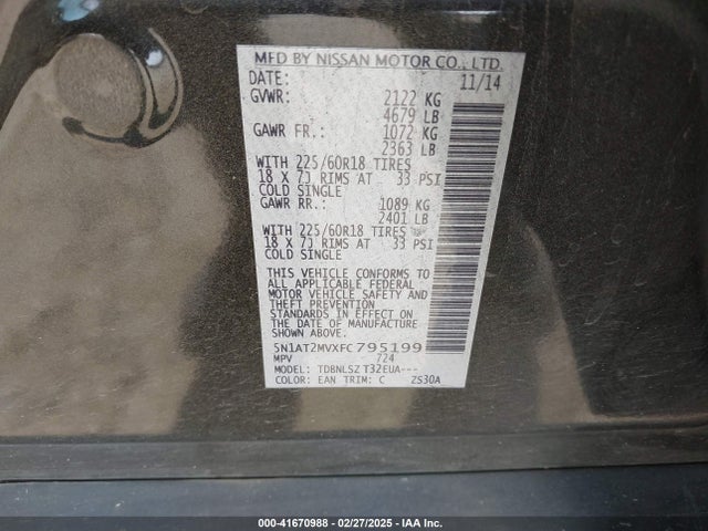 Nissan Rogue Sl 2015 5N1AT2MVXFC795199 Image 9