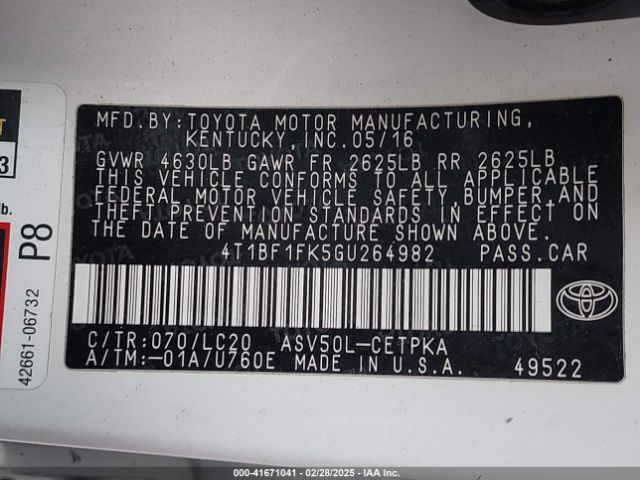 4T1BF1FK5GU264982 Toyota CAMRY XSE