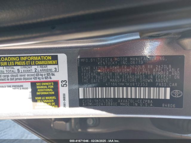 4T1B61HK1KU812353 Toyota CAMRY XSE
