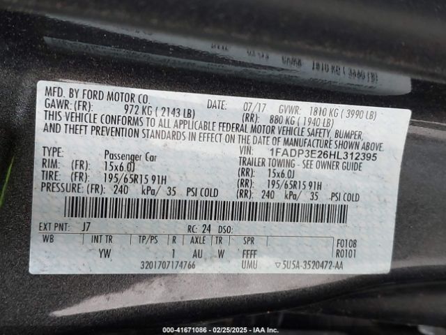 1FADP3E26HL312395 Ford FOCUS S
