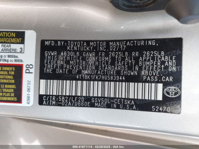 4T1BK1FK7HU583944 Toyota Camry Xse V6