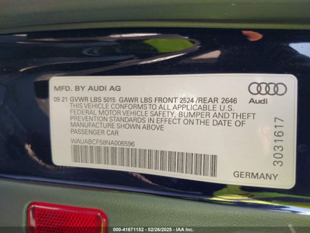 WAUABCF58NA006596 Audi A5 Sportback Premium 40 Tfsi Quattro S Tronic