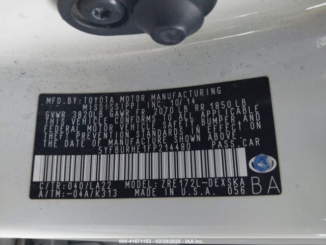 5YFBURHE1FP214480 Toyota Corolla S Premium