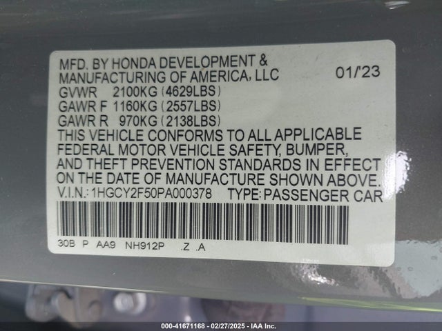 1HGCY2F50PA000378 Honda Accord Hybrid Sport
