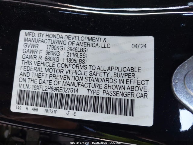 19XFL2H89RE027614 Honda Civic Sport
